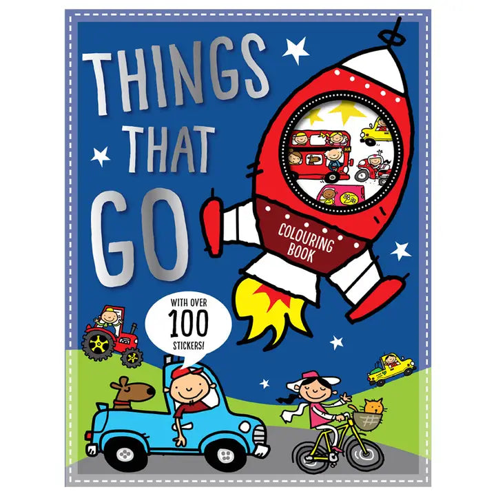 Explore Things That Go Colouring Book packed with fun vehicle pages and over 100 stickers perfect for creative kids who love cars and trucks.