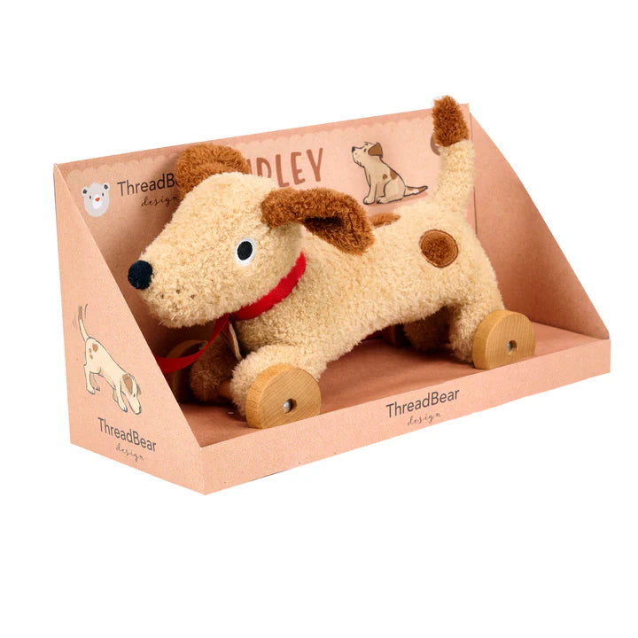 Threadbear Dudley Pull Along Dog - Plush dog toy with wheels in a cardboard box, branded 'ThreadBear'.