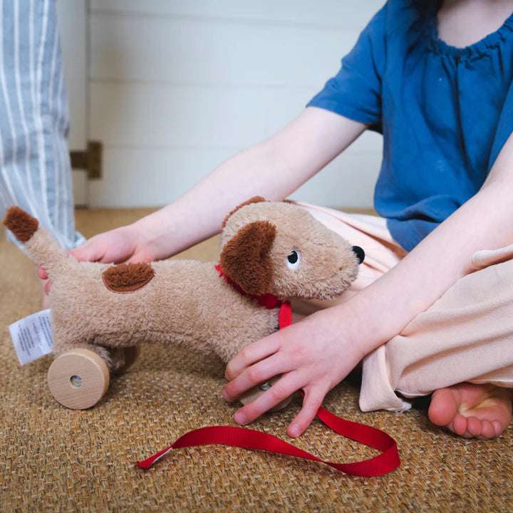 Threadbear Dudley Pull Along Dog - Plush dog toy with wheels in a cardboard box, branded 'ThreadBear'. Child playing with a brown dog-shaped toy on a carpeted floor.