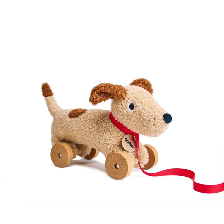 Threadbear Dudley Pull Along Dog - Plush dog toy with wheels in a cardboard box, branded 'ThreadBear'. - Stuffed dog toy with wheels and a red ribbon on a white background