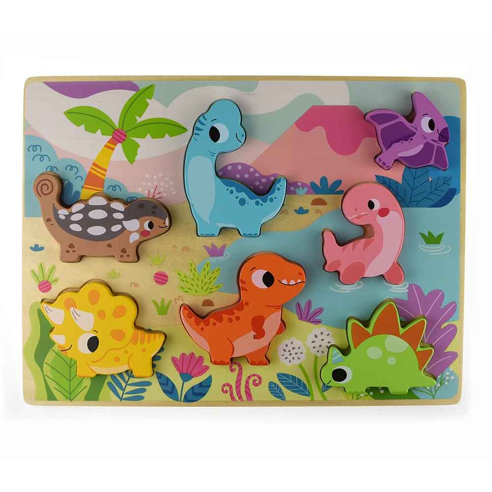 Tooky Toy Wooden Dinosaur Chunky Puzzle - a colorful chunky puzzle featuring seven fun dinos. Sold by Say It Baby Gifts