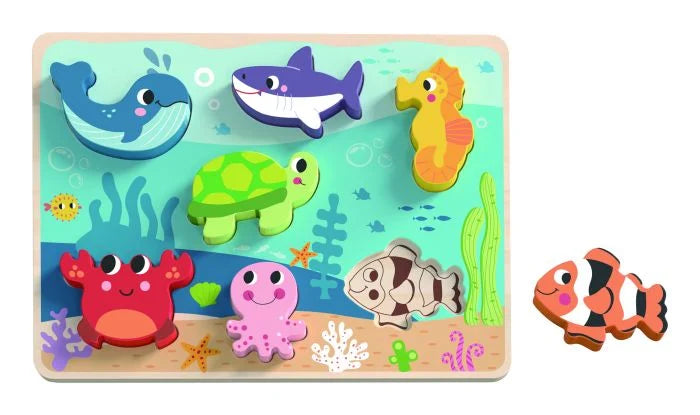 Tooky Toy Wooden Marine Chunky Puzzle - a colorful chunky puzzle featuring whale, shark, seahorse, crab, octopus and fish. Sold by Say It Baby Gifts