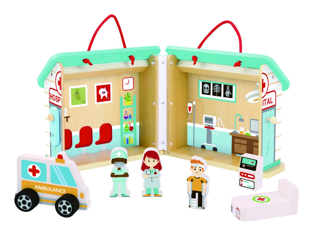 Tooky Toy Wooden Foldable Hospital - a colourful, portable playset that kids will love! Sold by Say It Baby Gifts