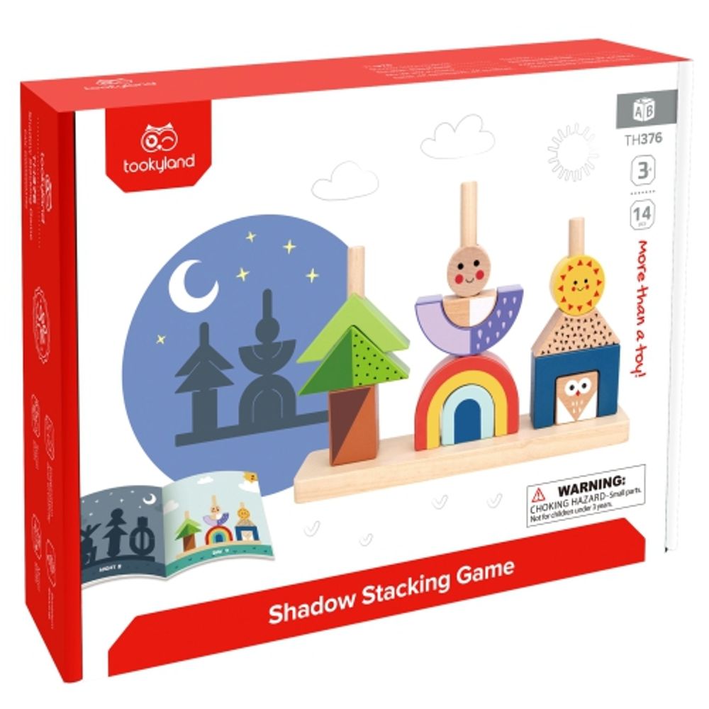 Tooky Toy Wooden Shadow Stacking Game - a great combo of classic wooden ring stacking toy with a multi-shape, multi-colour game of copying shadow images and getting the order right. Sold by Say It Baby Gifts