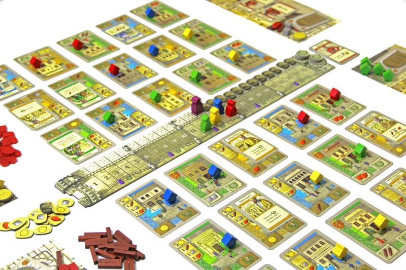 Board game with various game pieces and board sections on a white background