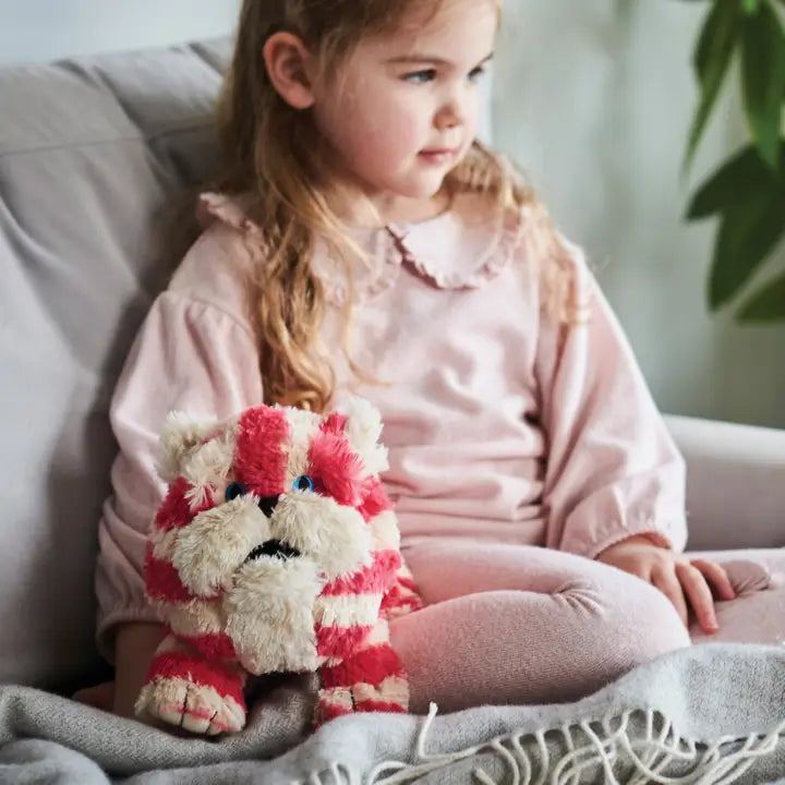 Meet Warmies Bagpuss Cat. Child holding a striped teddy bear on a couch