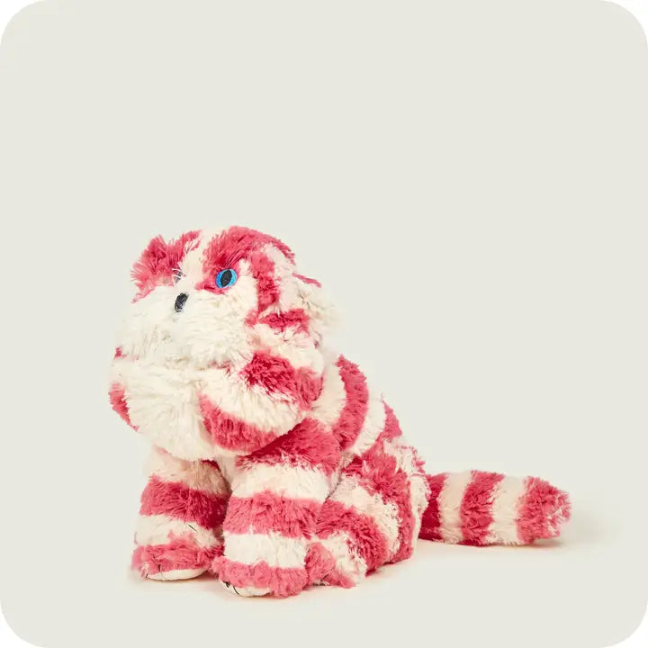 Meet Warmies Bagpuss Cat  Plush toy with pink and white striped pattern on a light gray background