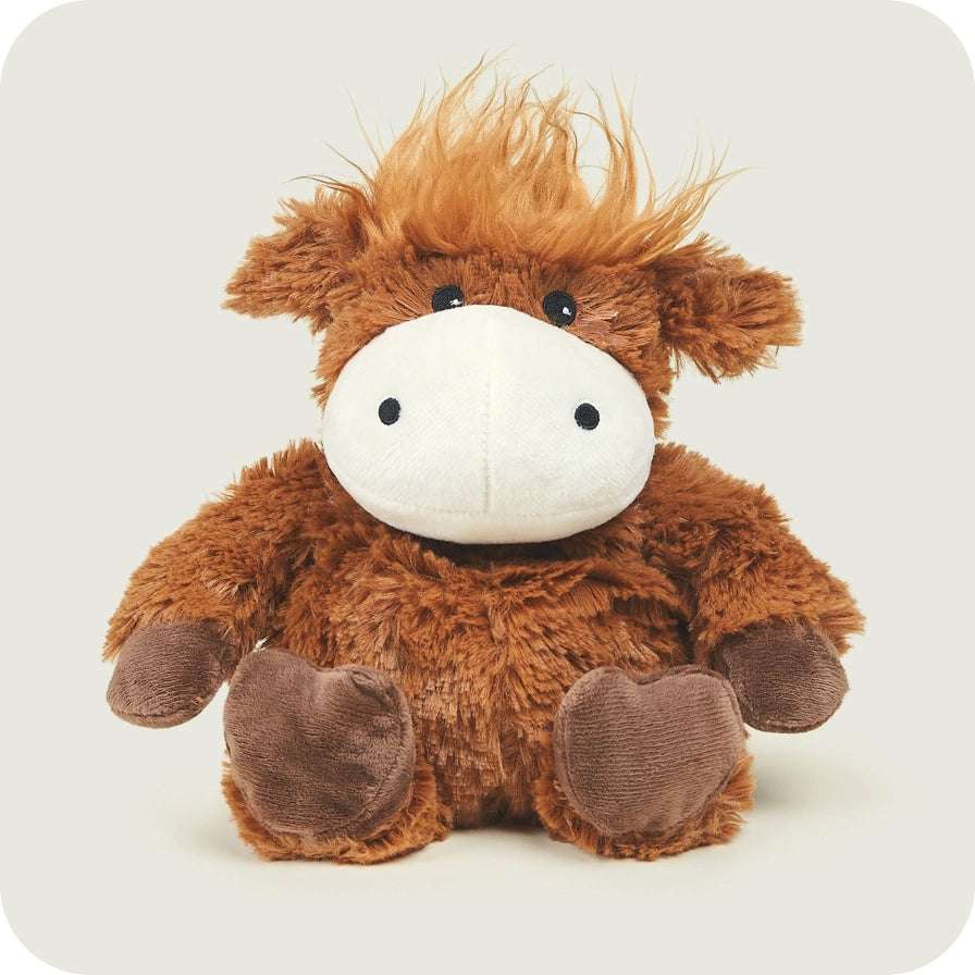Warmies Highland Cow - Brown plush toy with a white face on a light gray background