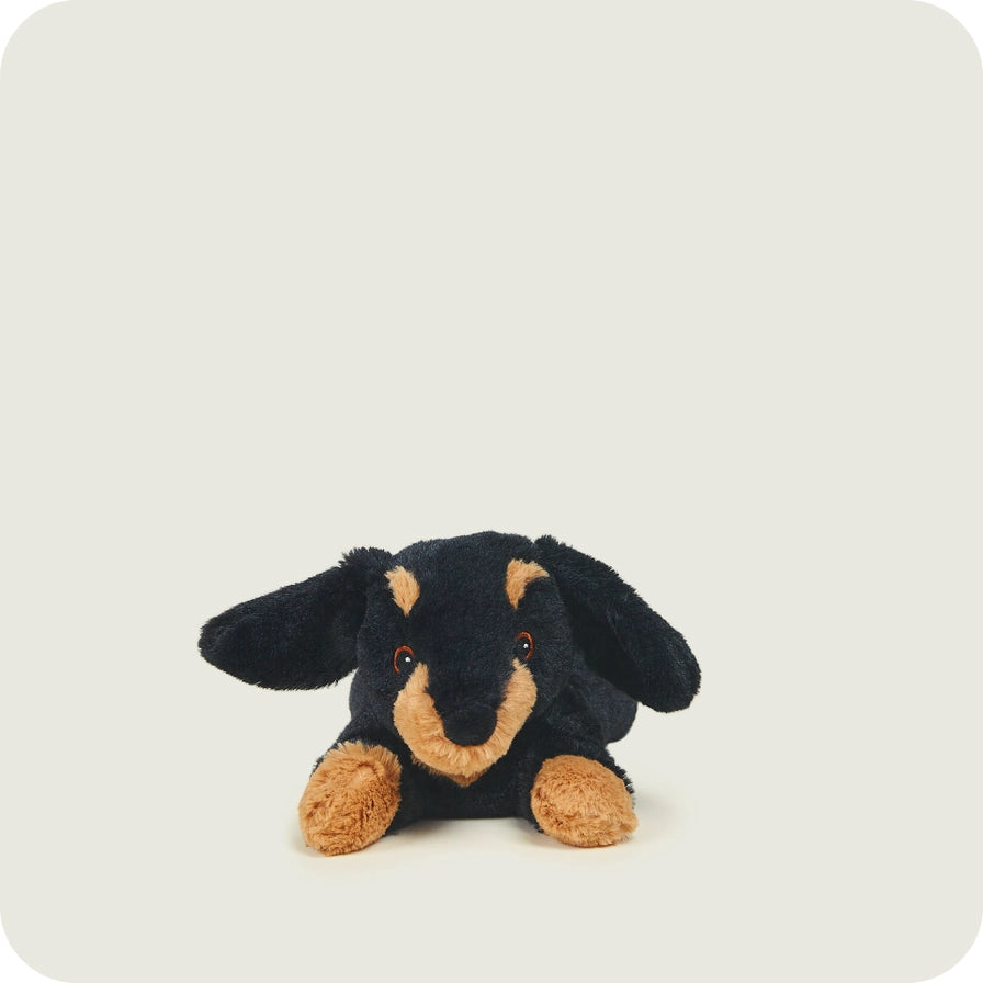Warmies Junior Dachshund - Plush toy sausage dog with black and brown colors on a light gray background - front view