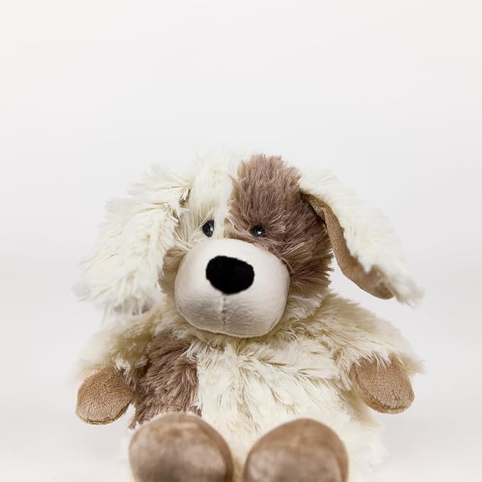 Warmies Mini Puppy. Plush dog toy with a white and brown color scheme on a light background