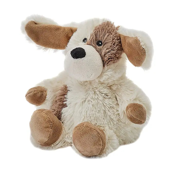 Warmies Mini Puppy. Plush dog toy with brown and beige fur on a white background