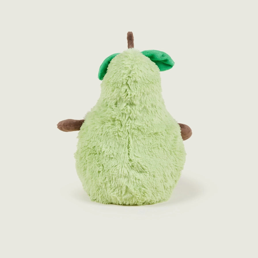 Warmies Pear - Plush toy shaped like a pear with a smiling face on a beige background - back view