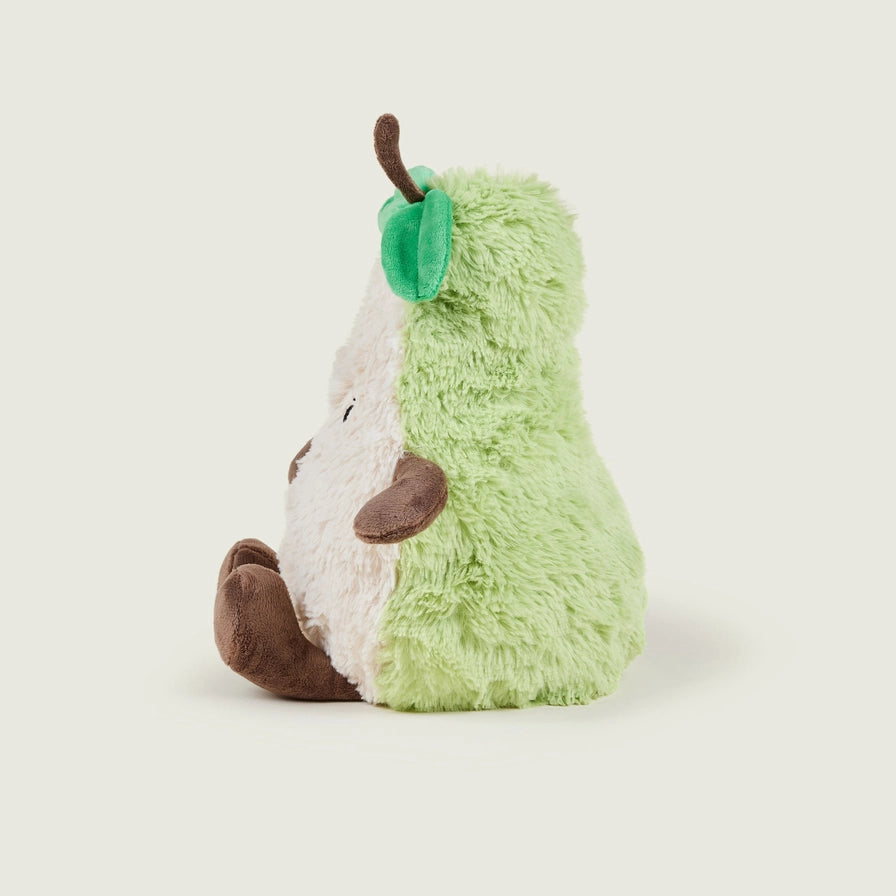 Warmies Pear - Plush toy shaped like a pear with a smiling face on a beige background left side view