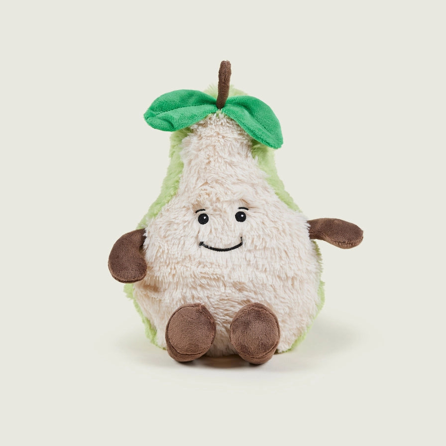 Warmies Pear - Plush toy shaped like a pear with a smiling face on a beige background