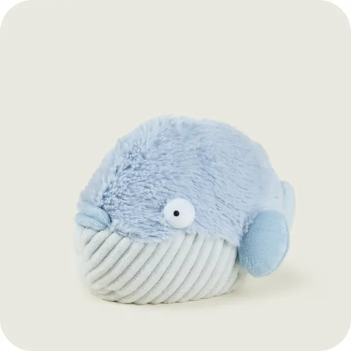 Warmies Pufferfish Blue plush toy with a white belly on a light gray background