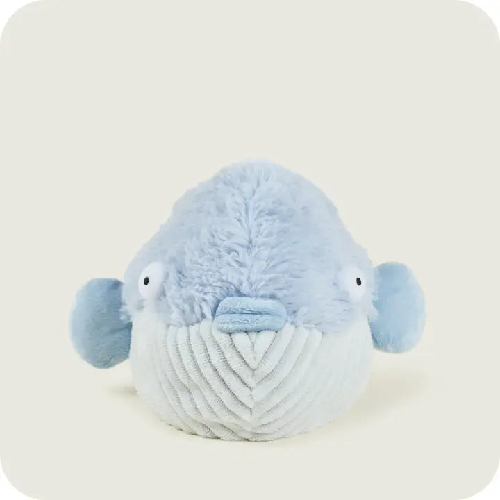 Warmies Pufferfish Plush toy resembling a fish with a light blue top and gray bottom on a white background