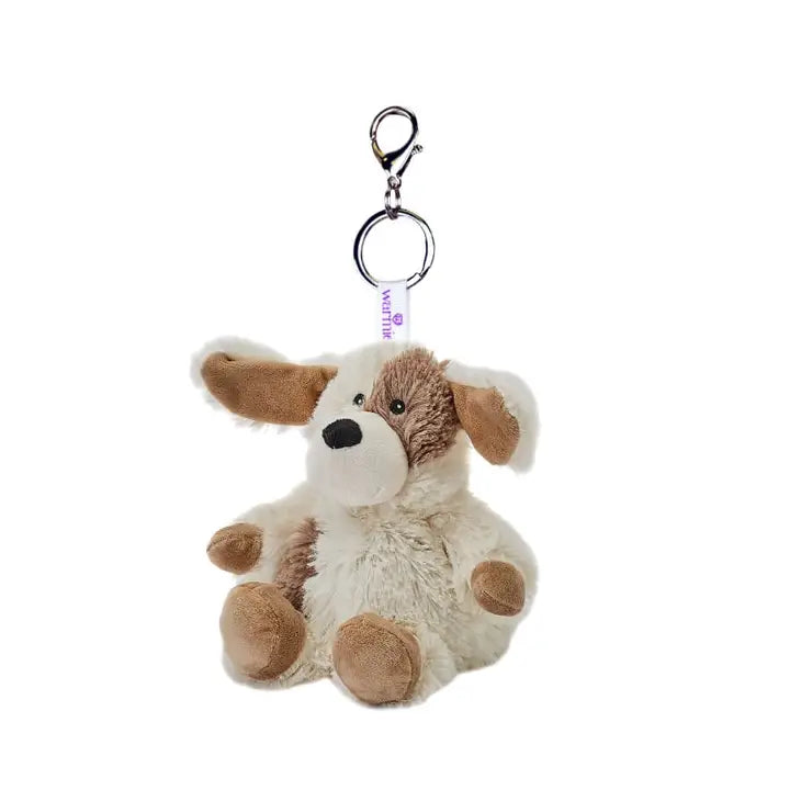 Warmies Puppy Bag Charm - Plush dog-shaped keychain with a clip on a white background