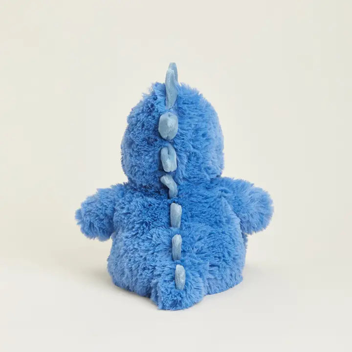 Warmies T-Rex - Blue plush dino toy on a light beige background - back view