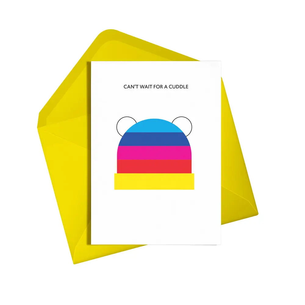 This colourful card from Alphabots features a rainbow baby hat with the words "Can't Wait For a Cuddle" - a perfect card to send new baby good wishes!