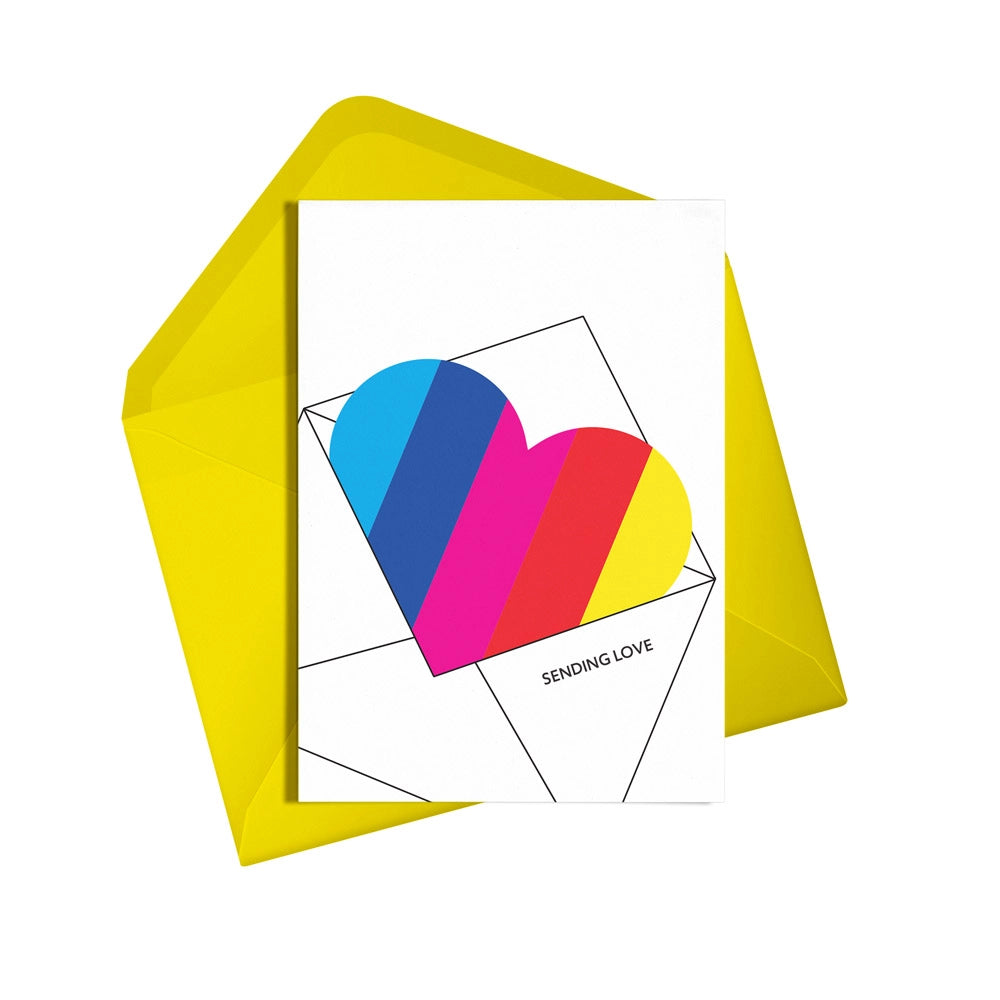 This colourful card from Alphabots features an envelope with a rainbow heart and the words "Sending Love"