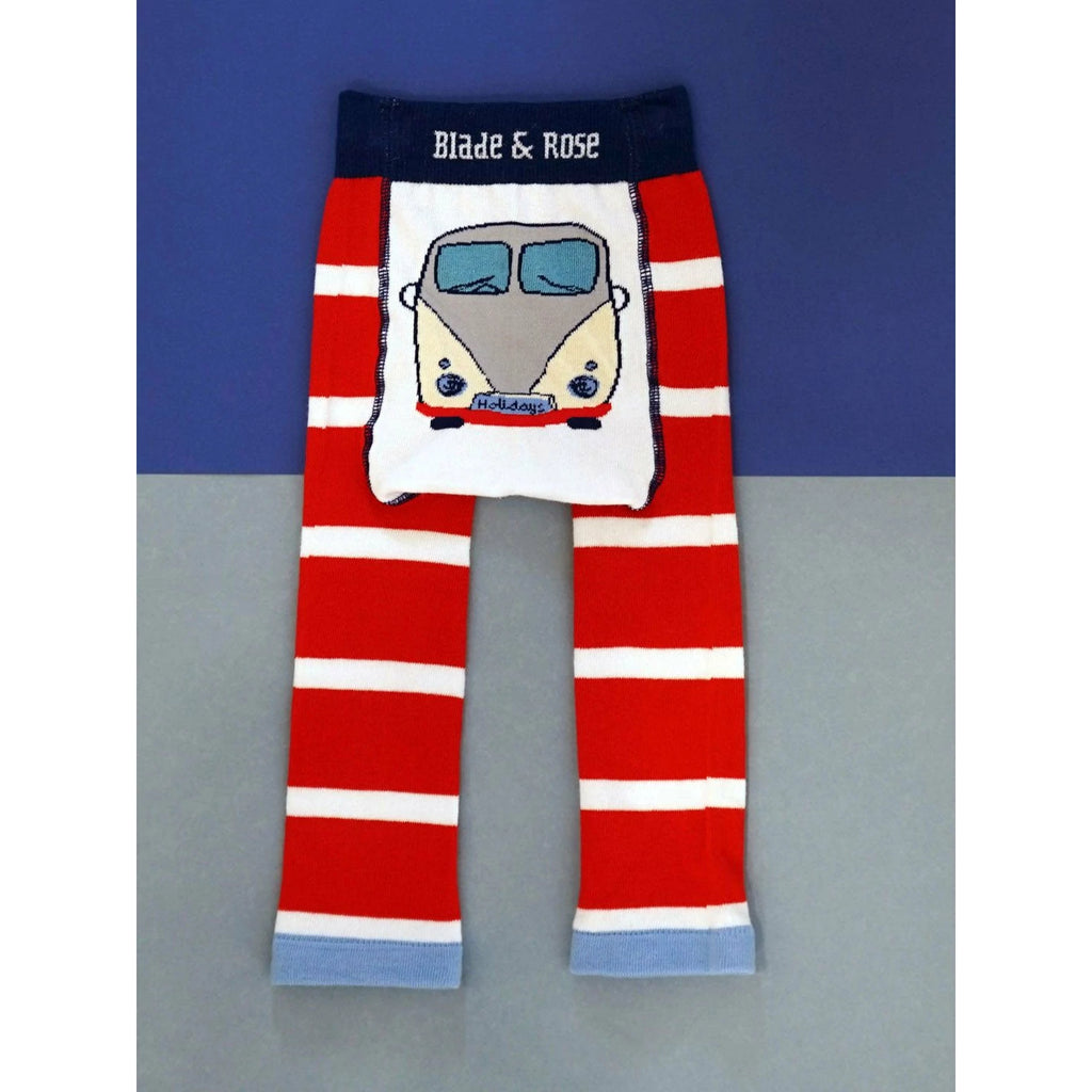 Blade & Rose Campervan Leggings - bold, bright and fun! These fab leggings have red and white stripes with a white bum featuring a fun campervan - perfect for adventure!