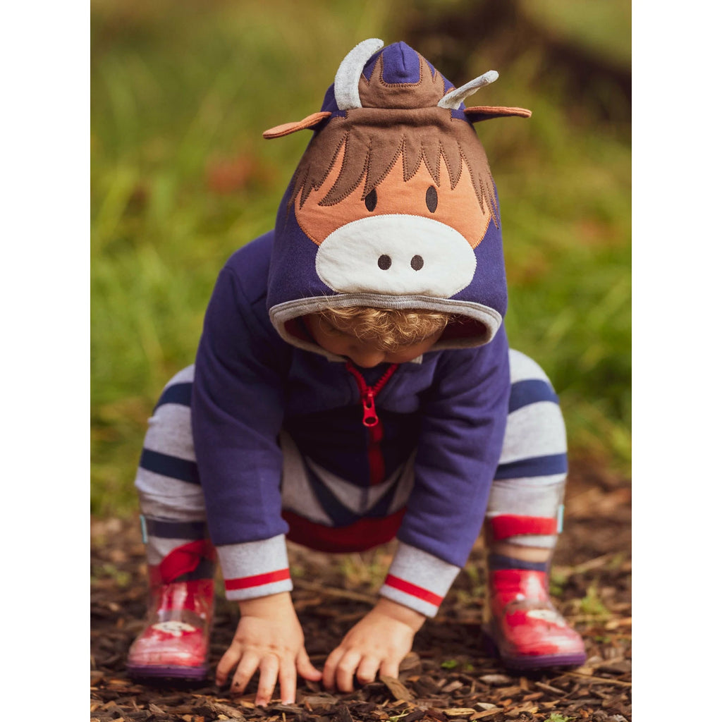 Blade & Rose Highland Cow Hoodie - a gorgeous navy Hoodie featuring a fun Highland cow face with perky ears and horns. 