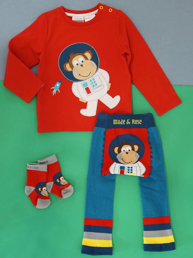 Blade & Rose Space Monkey Top - bold, bright and fun! This gorgeous red top features a fun space monkey with a fluffy fleece applique. Sold by Say it Baby Gifts