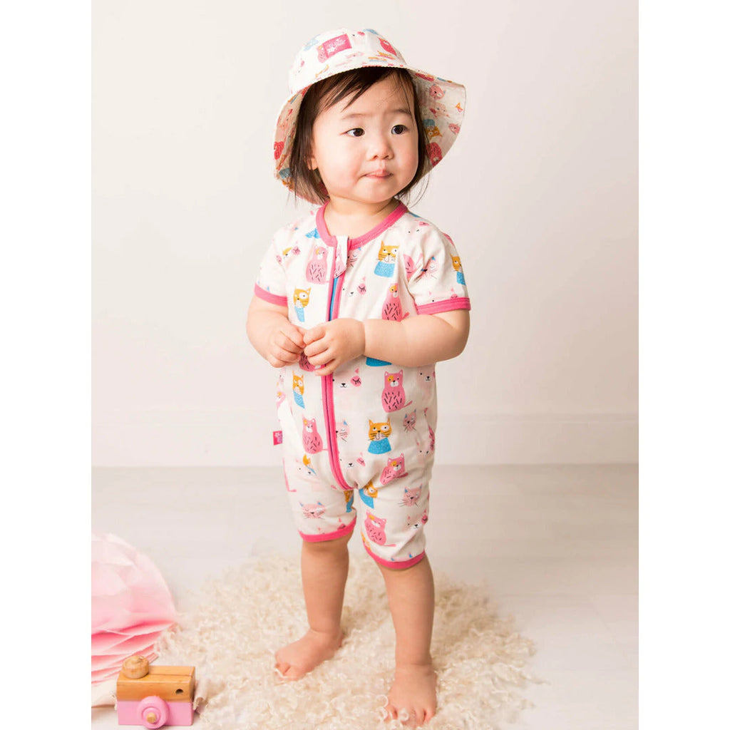 Blade & Rose Willow The Cat Romper - with a gorgeous all-over Willow the Cat print in cream and bright pink it's perfect for warmer weather.