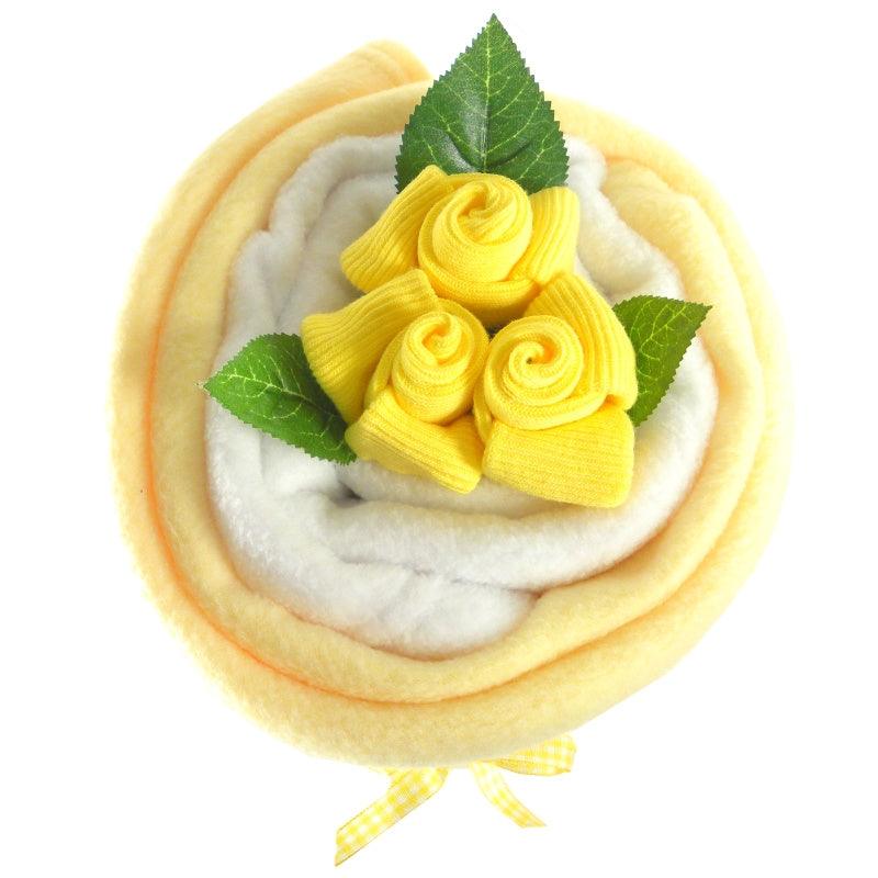 Lemon Baby Blanket Bouquet - Say It Baby - Featuring two soft and fluffy baby blankets, the arrangement also includes three pairs of sweet baby socks in yellow, (each "bud" hand-crafted into a delicate flower).
