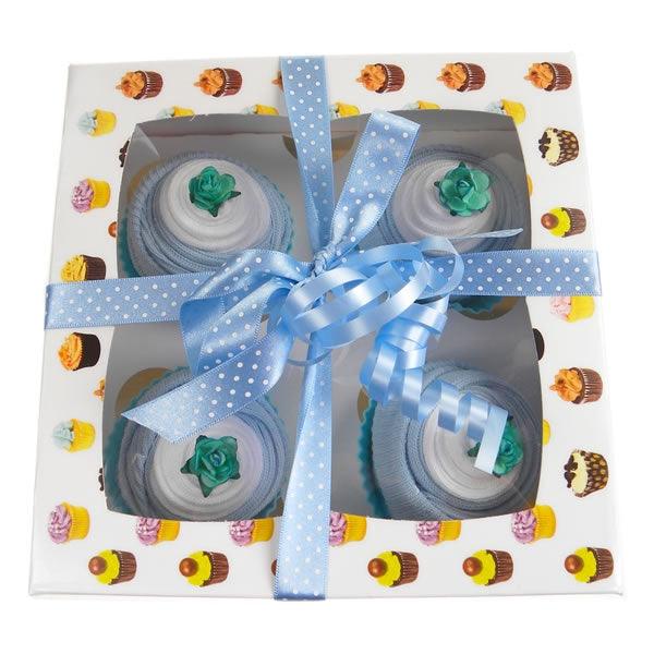 Box of Four Delicious Baby Sock Cupcakes - Blue - Say It Baby 