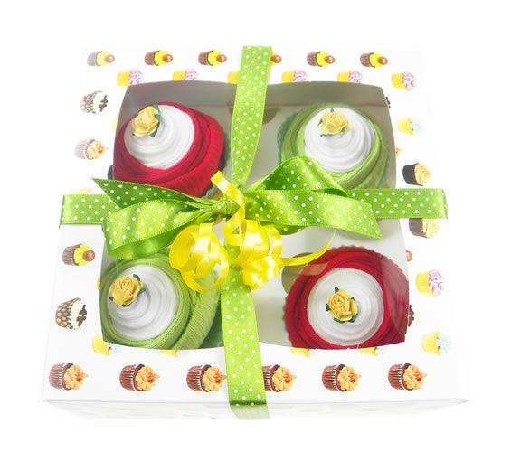 Box of Four Delicious Baby Sock Cupcakes - Green-Red - Say It Baby 