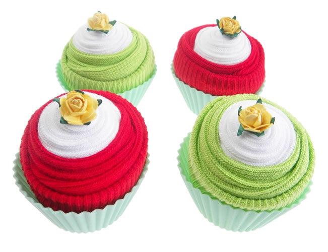 Box of Four Delicious Baby Sock Cupcakes - Green-Red - Say It Baby 