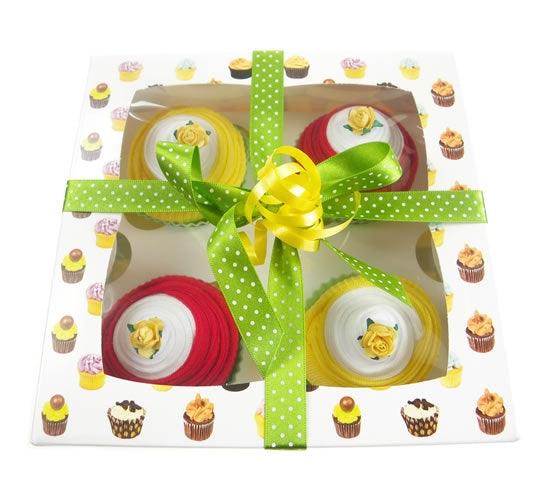 Box of Four Delicious Baby Sock Cupcakes - Red-Yellow - Say It Baby 