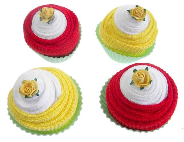 Box of Four Delicious Baby Sock Cupcakes - Red-Yellow - Say It Baby 