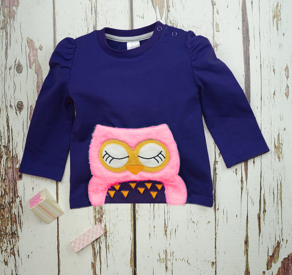 Blade & Rose Betty Owl Top - bold, bright and fun! This gorgeous top features a soft fleece applique Betty owl character. Sold by Say It Baby Gifts