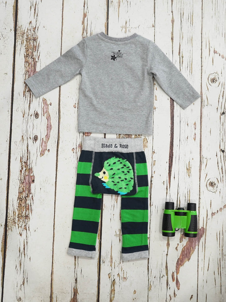Blade & Rose Pip The Badger Top - bold, bright and fun! This gorgeous top features a sweet Hedgehog in green and charcoal with embroidery detail. Sold by Say It Baby Gifts