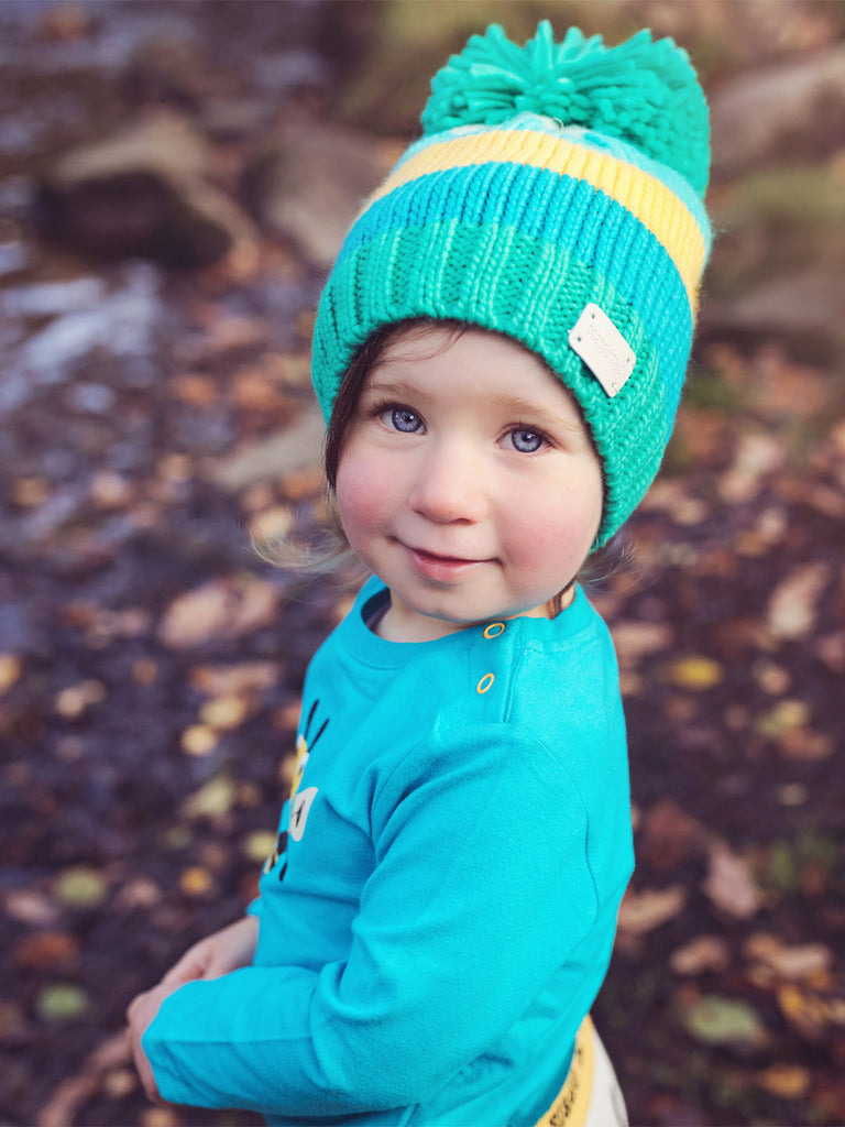 Blade & Rose Green and Mustard Bobble Hat - bold, bright and fun! A gorgeous colourful and cosy hat - perfect to keep little ones head warm.