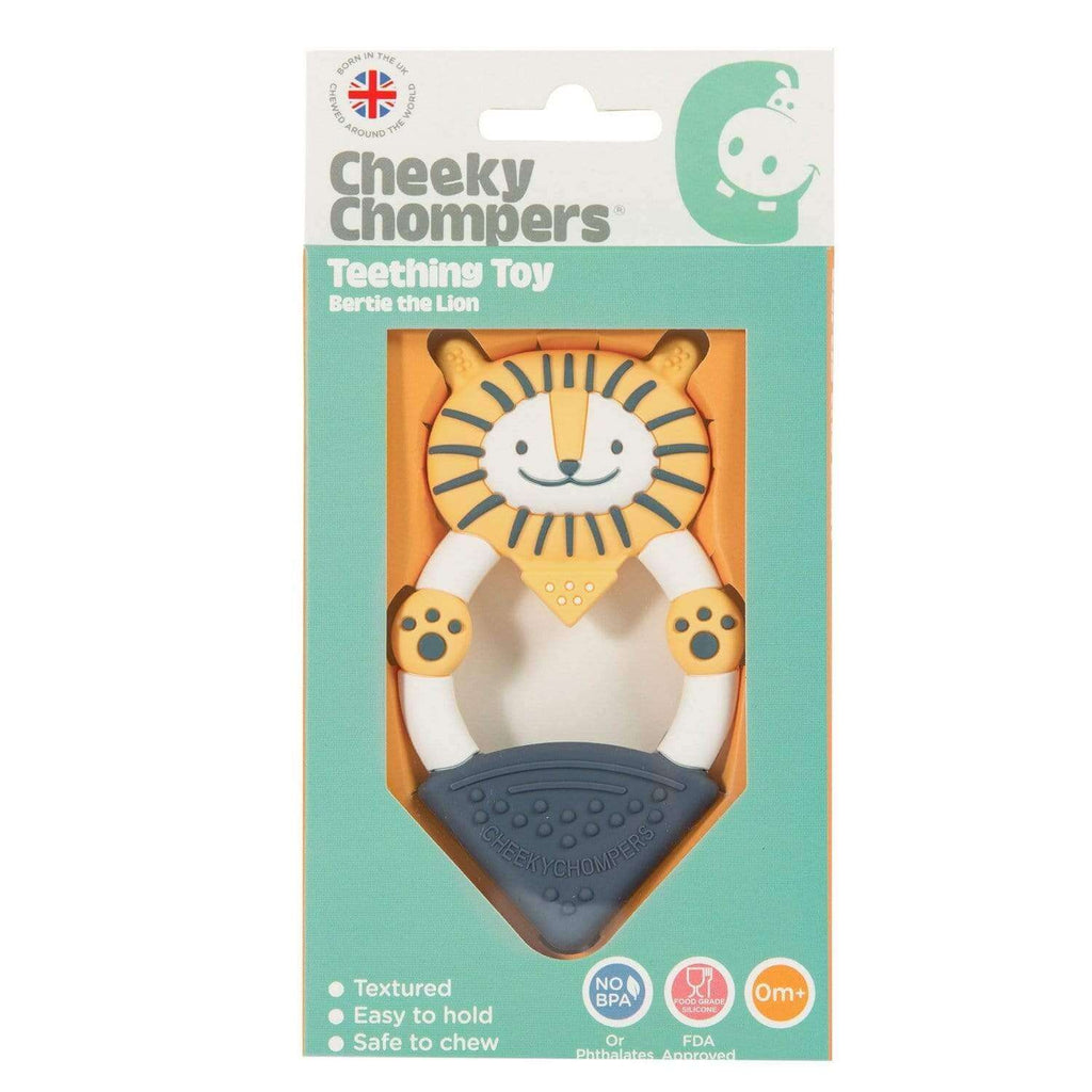 Cheeky Chompers Textured Animal Teether - Bertie the Lion. Suitable from birth, it's also fridge friendly so perfect to pop in for a lovely cool chew!
