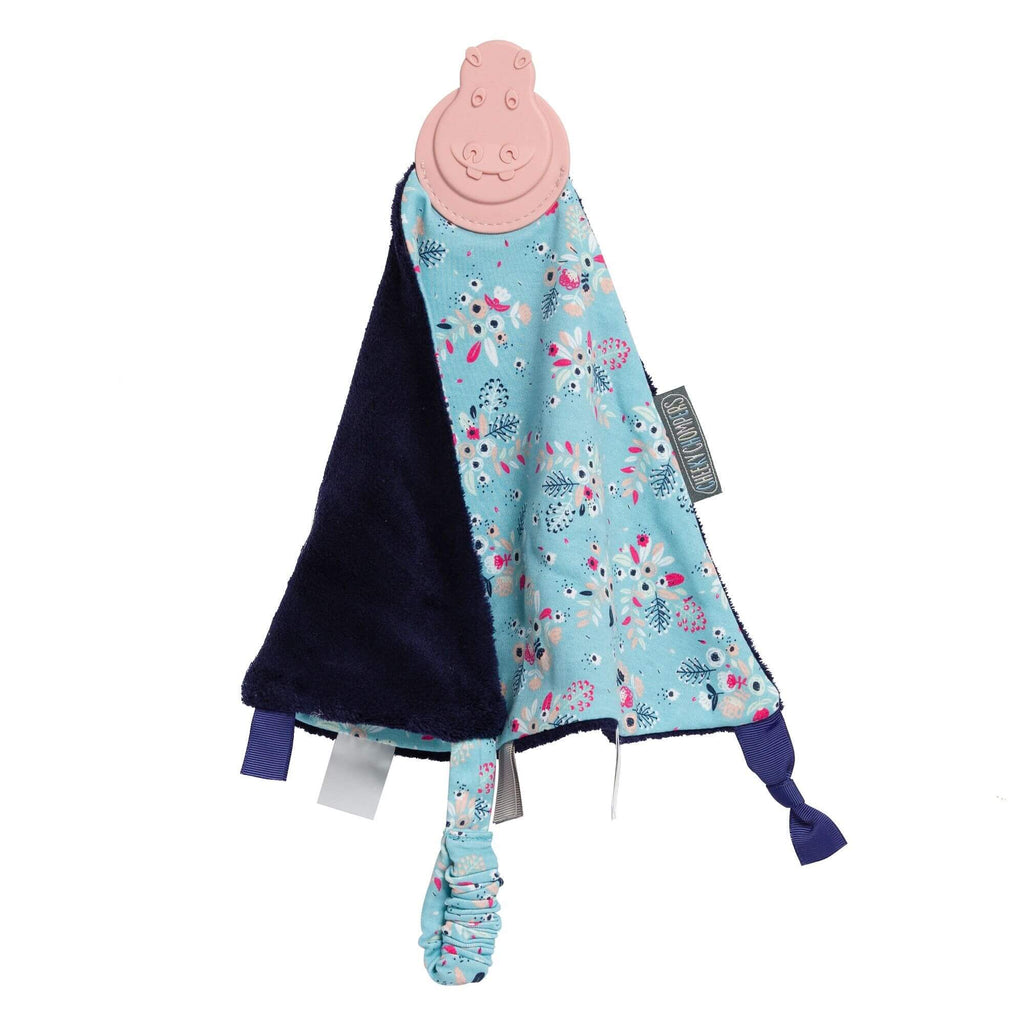 Cheeky Chompers Botanical Bloom Comforter & Teether. It also features a soft cuddly fleece navy reverse, sensory ribbons for baby to play with and a teether especially designed to massage and soothe tender little gums.