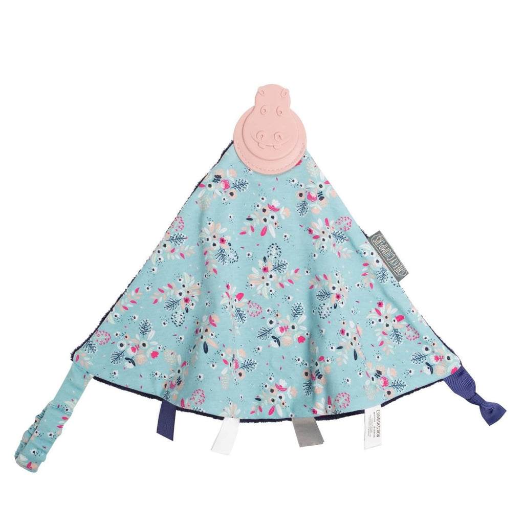 Cheeky Chompers Botanical Bloom Comforter & Teether. This fab baby comforter by Cheeky Chompers is super soft and snuggly and made from 100% cotton in a pale blue and pink botanical floral print.