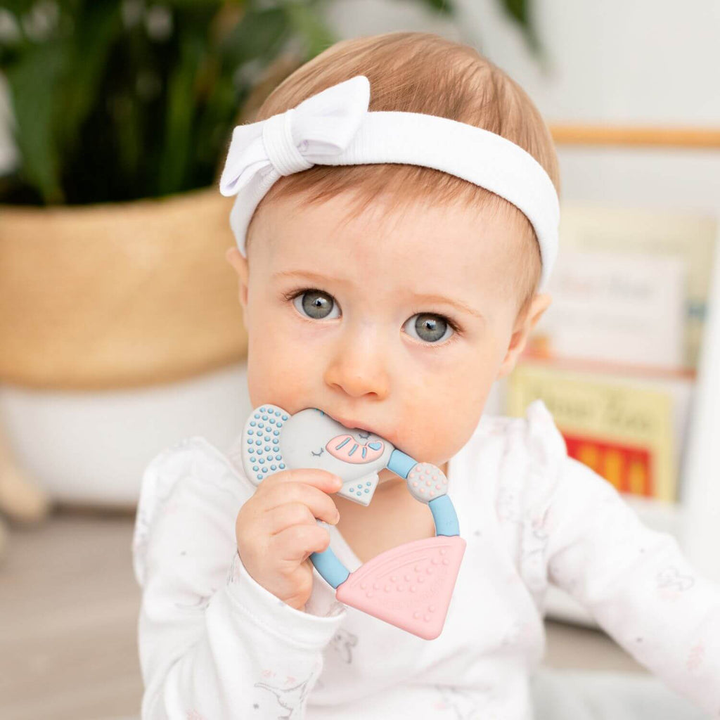 Cheeky Chompers Textured Animal Teether - Darcy the Elephant. Soft and pliable, the teether is designed specially for little hands - light and easy for baby to hold and chew.