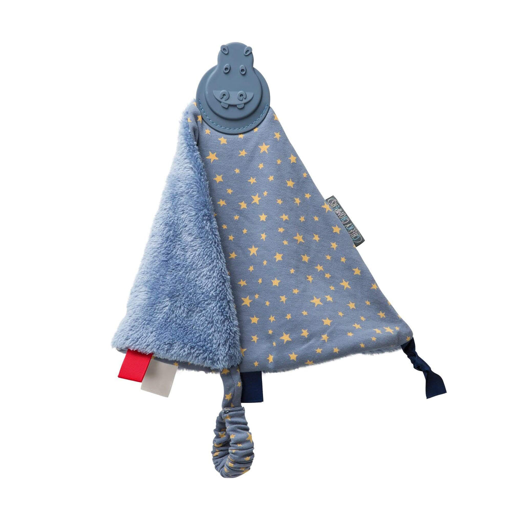 Cheeky Chompers Midnight Stars Comforter & Teether. With handy elasticated strap, it can also be easily attached to the pram or baby's wrist for on-the-go chewing! A fab gift for baby.