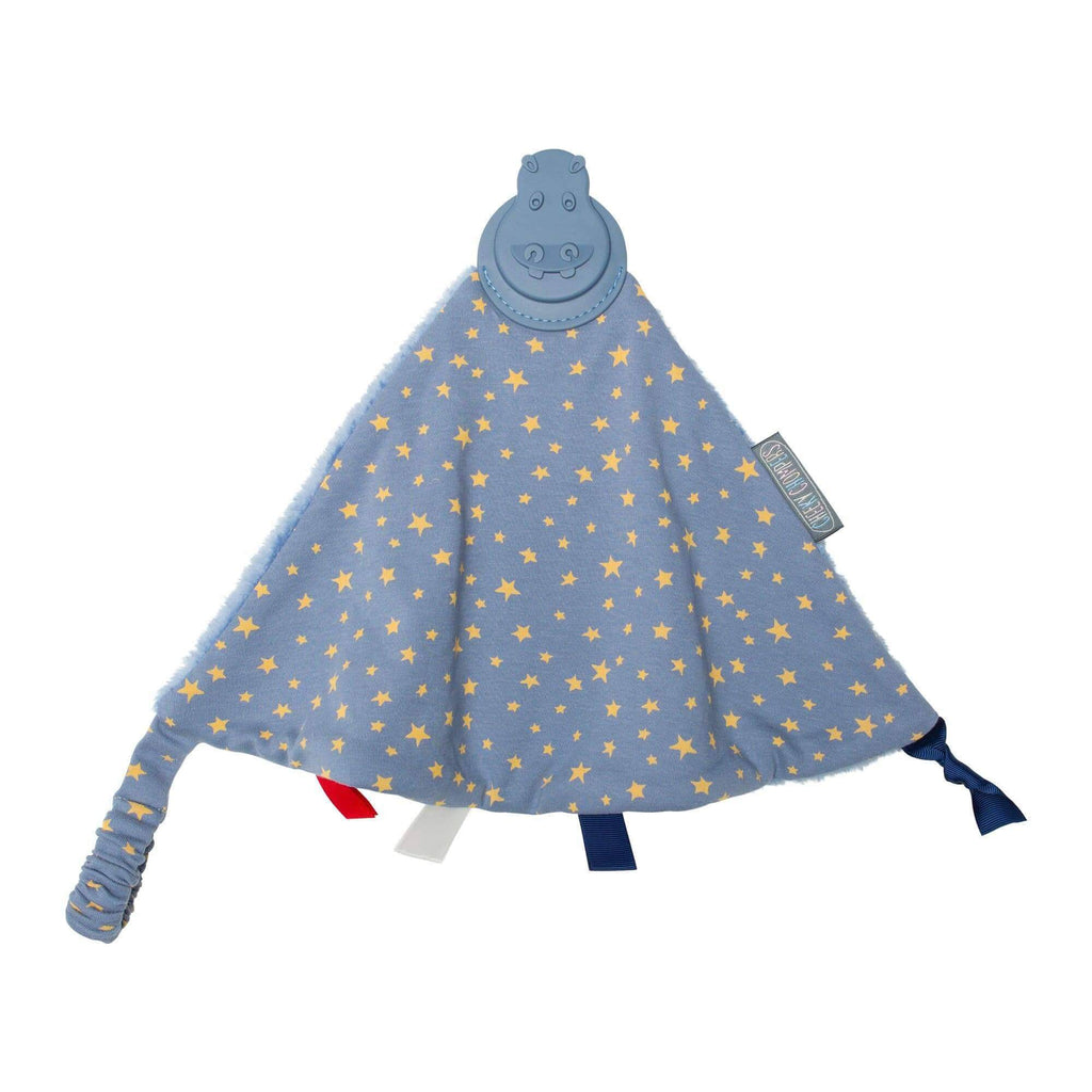 Cheeky Chompers Midnight Stars Comforter & Teether. super soft and snuggly and made from 100% cotton in a gorgeous blue-grey and gold starry print.