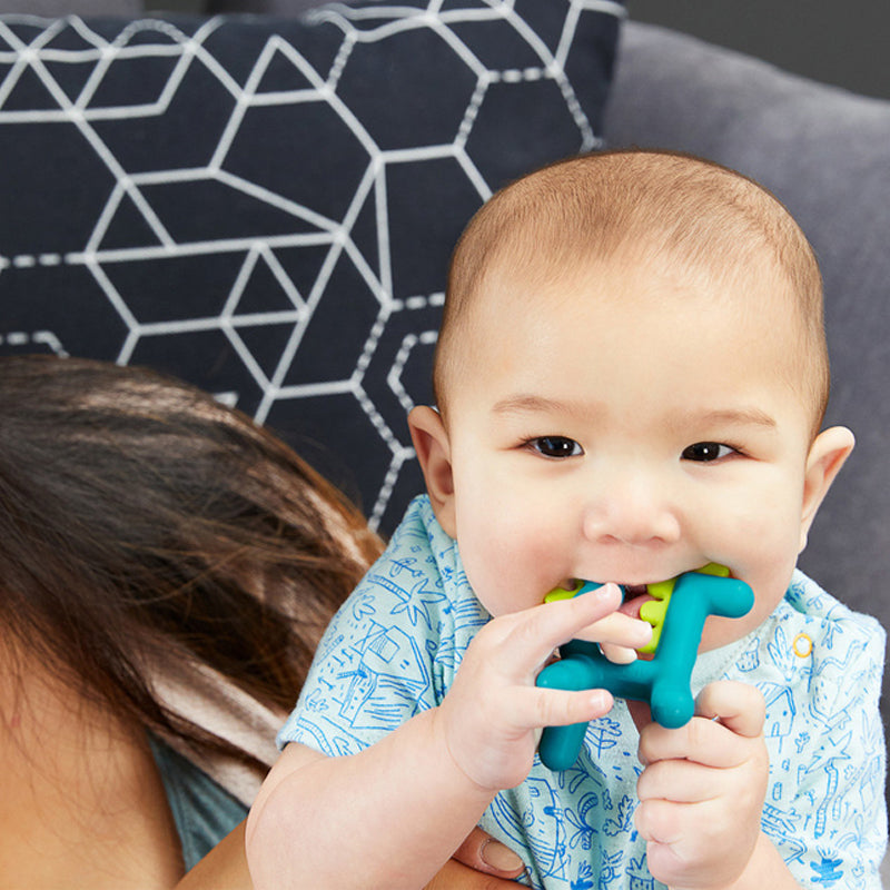 Boon Growl Silicone Teether Dragon. Dual hardness for multiple teething textures. Bright and colourful teething toy. Sold by Say It Baby Gifts