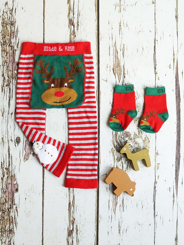 Blade & Rose Festive Reindeer Socks - bold, bright and fun! These festive socks in red feature a sweet reindeer with fluffy knit detailing on the antlers. Sold by Say It Baby Gifts
