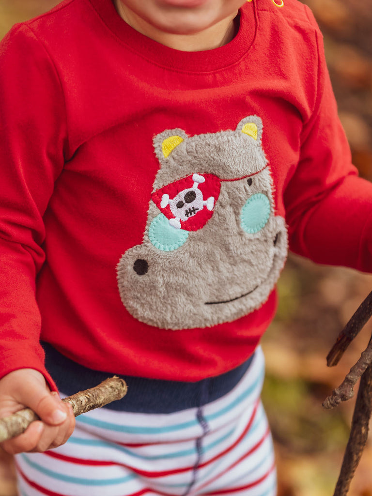 Blade & Rose Harry The Hippo Top - bold, bright and fun! This gorgeous bright red top features Harry the Hippo with a cool pirate patch, sherpa fleece and complete with embroidery detail. Sold by Say it Baby Gifts