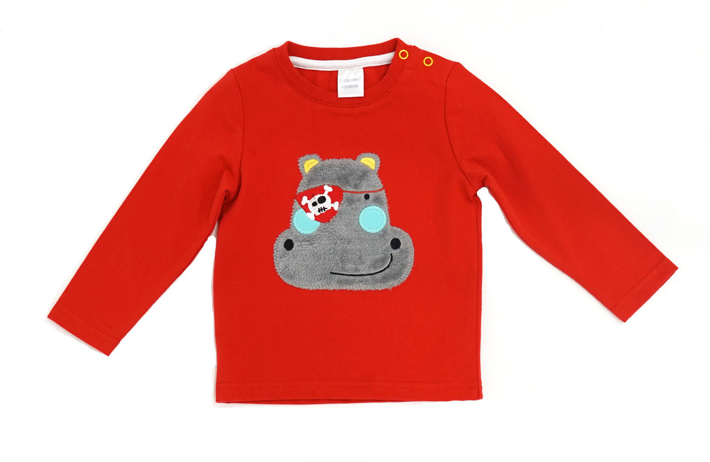 Blade & Rose Harry The Hippo Top - bold, bright and fun! This gorgeous bright red top features Harry the Hippo with a cool pirate patch, sherpa fleece and complete with embroidery detail. Sold by Say it Baby Gifts