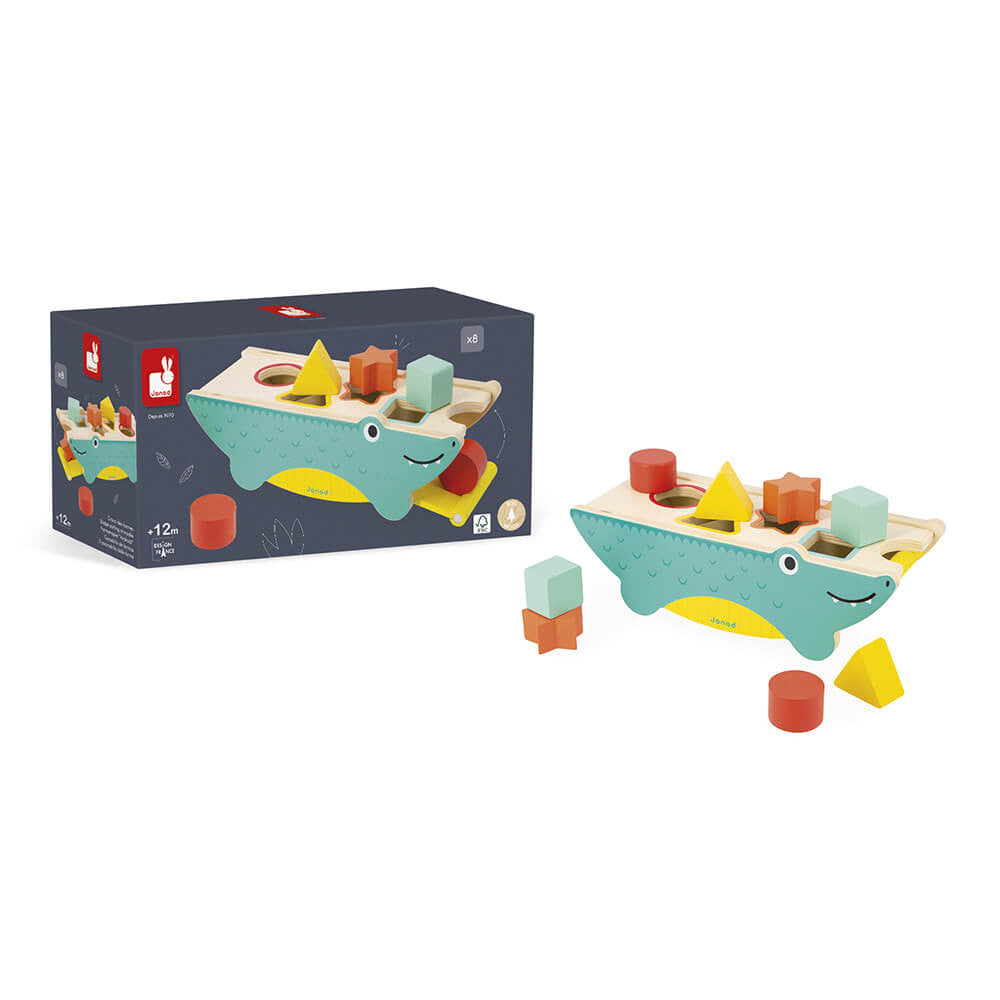 Janod Shape Sorting Crocodile - a colorful and fun shape sorting toy for age 12 months and up. Sold by Say It Baby Gifts.