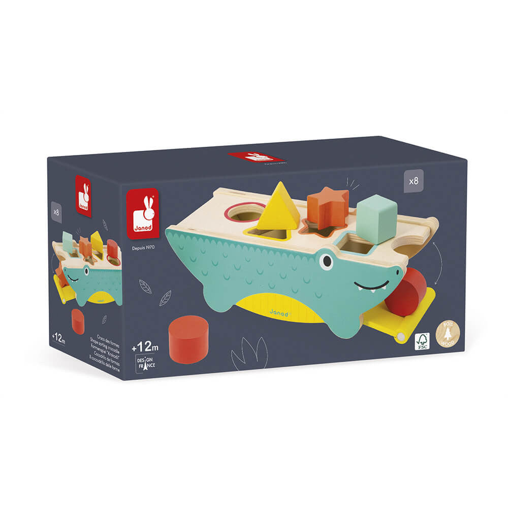 Janod Shape Sorting Crocodile - a colorful and fun shape sorting toy for age 12 months and up. Sold by Say It Baby Gifts.