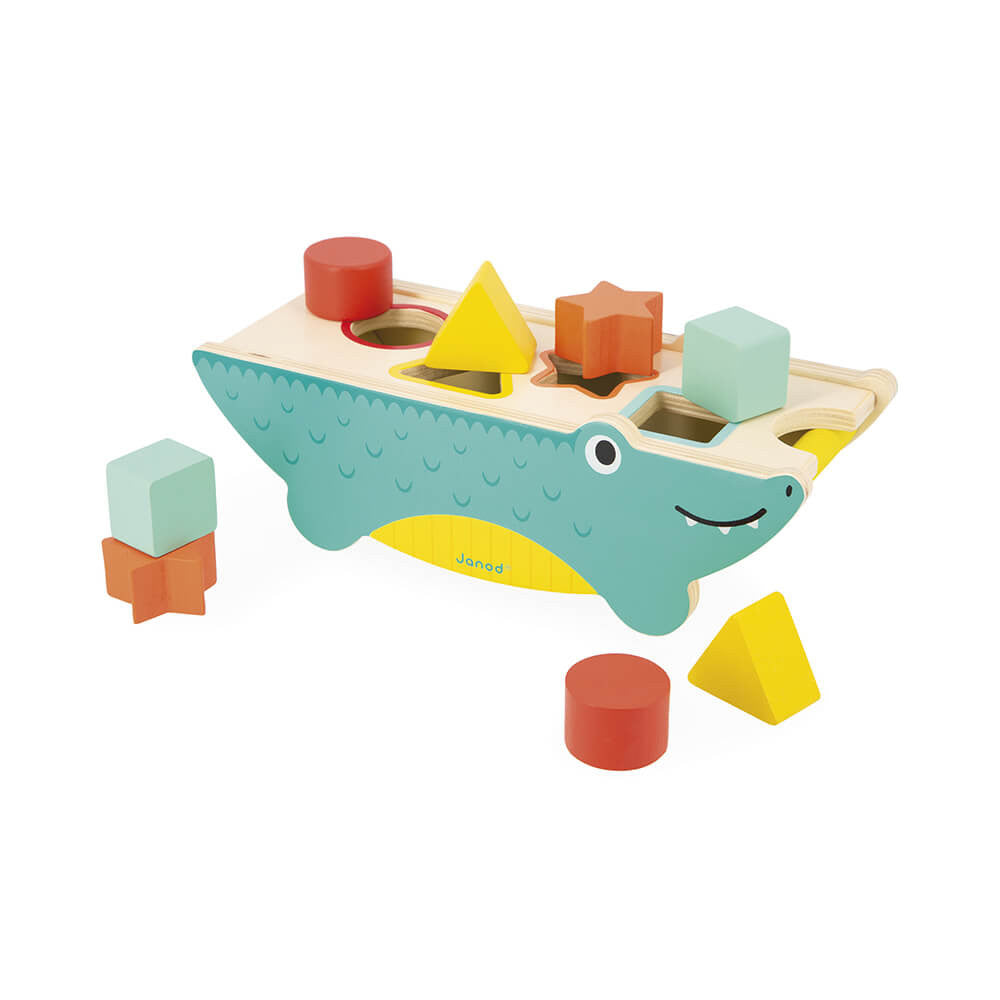 Janod Shape Sorting Crocodile - a colorful and fun shape sorting toy for age 12 months and up. Sold by Say It Baby Gifts.